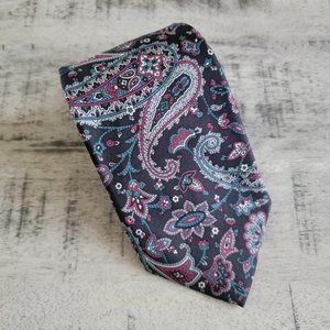 Christian Dior Black Magenta Teal Paisley Print Silk Tie 56 x 3.5